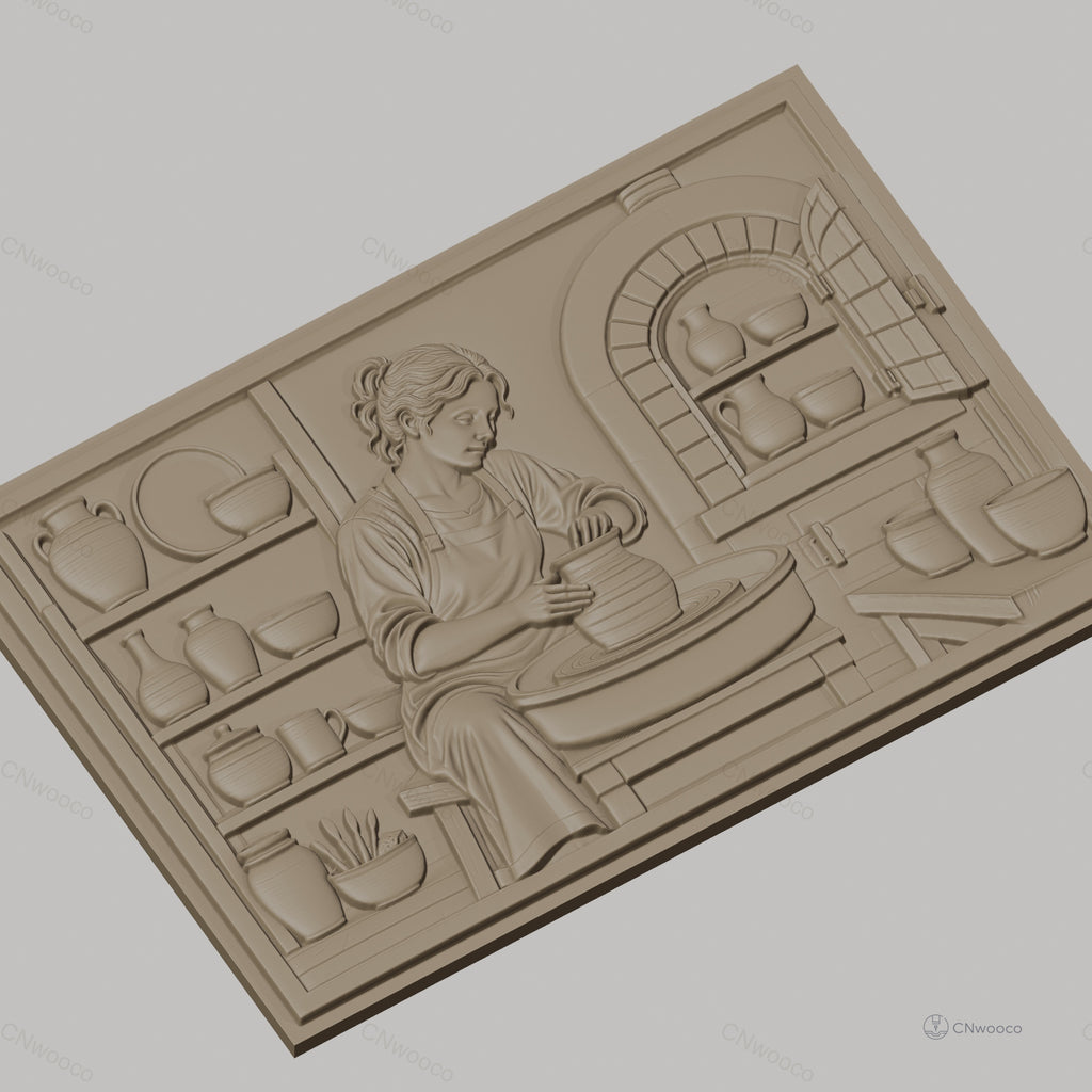 Fichier CNC & impression 3D scène potier femme, tour de potier, pots, atelier, haute qualité relief STL