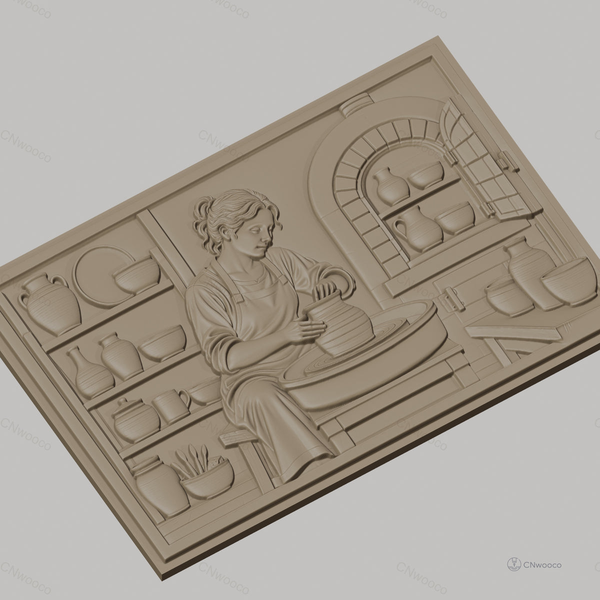 Fichier CNC & impression 3D scène potier femme, tour de potier, pots, atelier, haute qualité relief STL