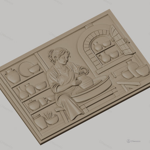 Fichier CNC & impression 3D scène potier femme, tour de potier, pots, atelier, haute qualité relief STL