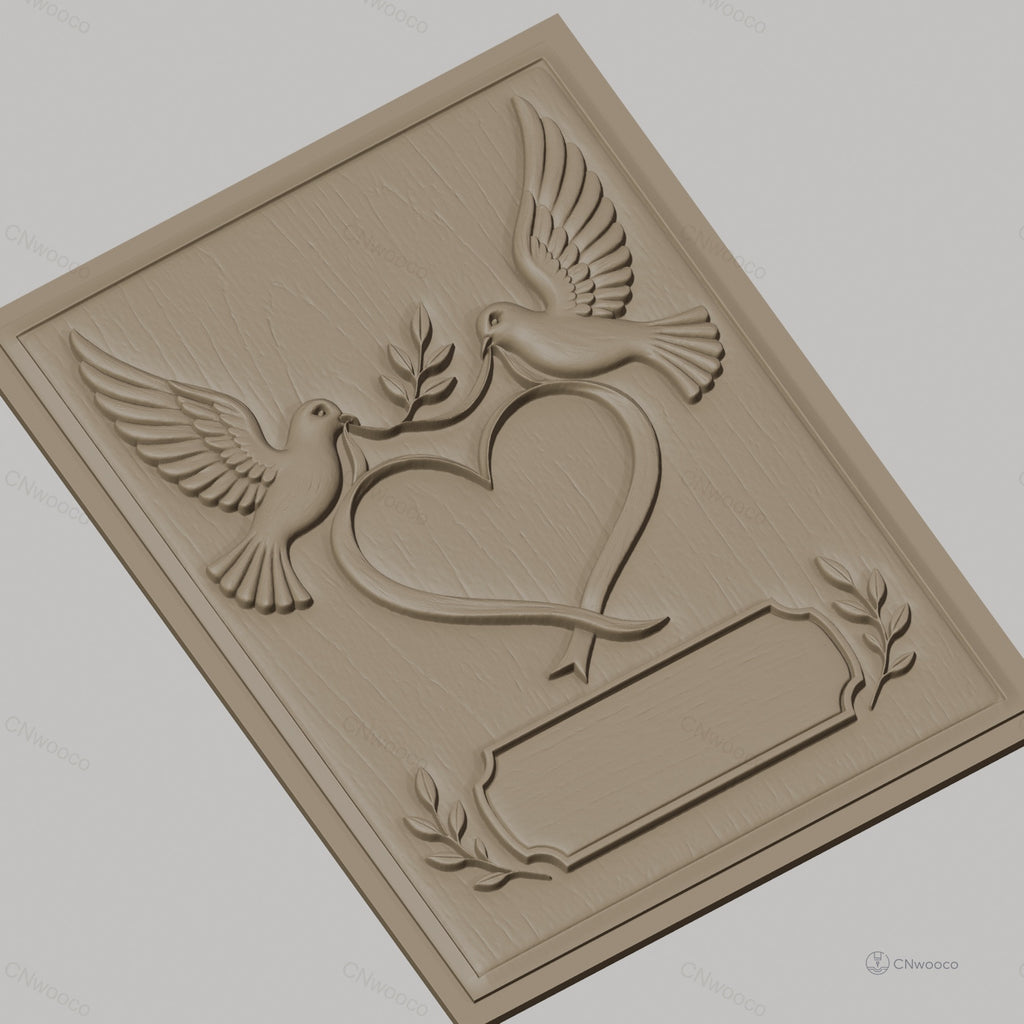 Fichier CNC & impression 3D couple de colombes, coeur et feuilles, haute qualité relief STL