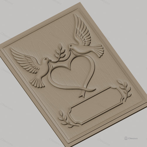 Fichier CNC & impression 3D couple de colombes, coeur et feuilles, haute qualité relief STL