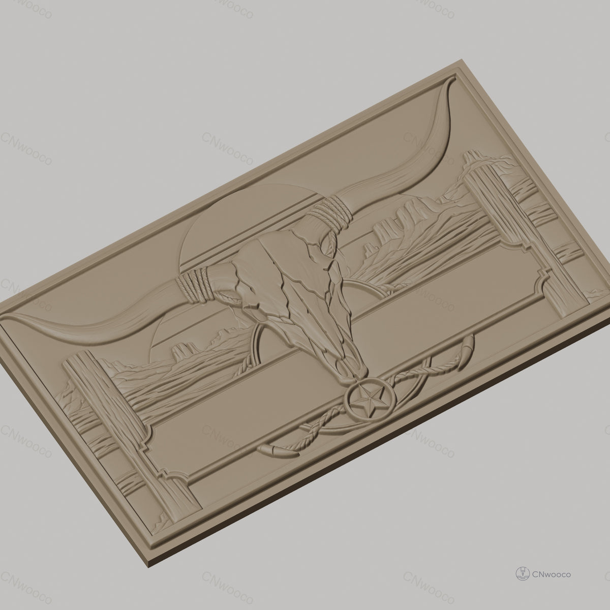 Fichier CNC & impression 3D décoration western, crâne de taureau et paysage désertique, haute qualité relief STL