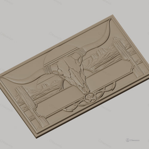 Fichier CNC & impression 3D décoration western, crâne de taureau et paysage désertique, haute qualité relief STL