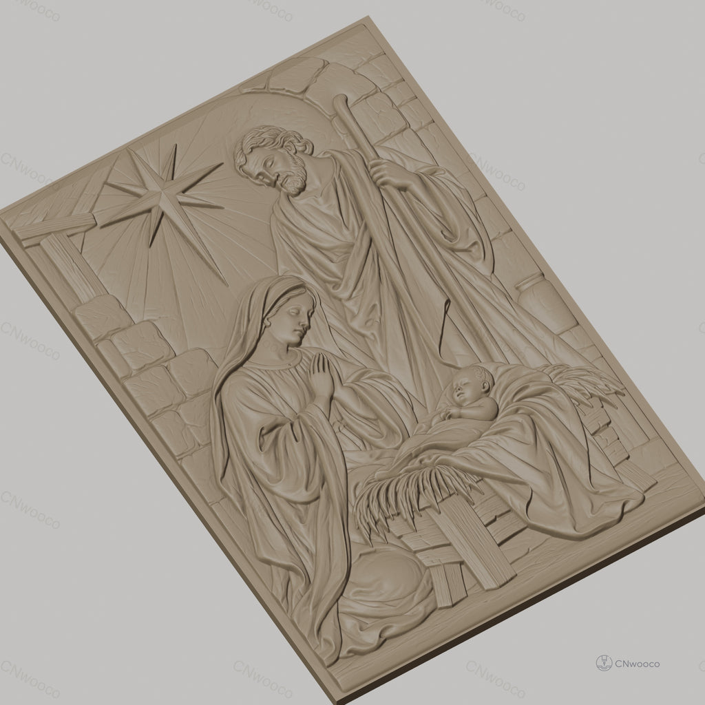Fichier CNC & impression 3D scène de la nativité, Marie Joseph et bébé Jésus avec étoile, haute qualité relief STL