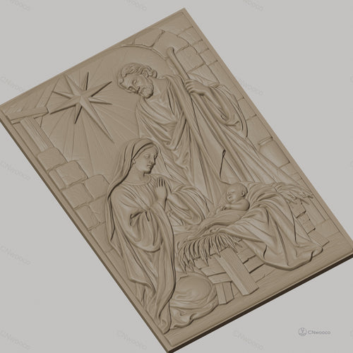 Fichier CNC & impression 3D scène de la nativité, Marie Joseph et bébé Jésus avec étoile, haute qualité relief STL