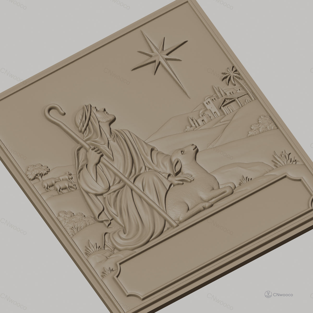 Fichier CNC & impression 3D berger avec agneau et étoile de Bethléem, paysage biblique, haute qualité relief STL