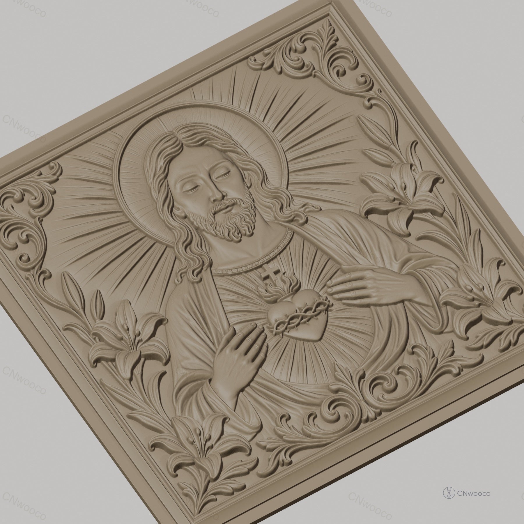Fichier CNC & impression 3D Jésus Christ, cœur sacré, lys et ornements, haute qualité relief STL