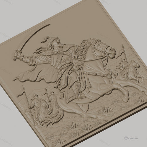 Fichier CNC & impression 3D cavalier guerrier à cheval, scène de bataille avec épée, haute qualité relief STL