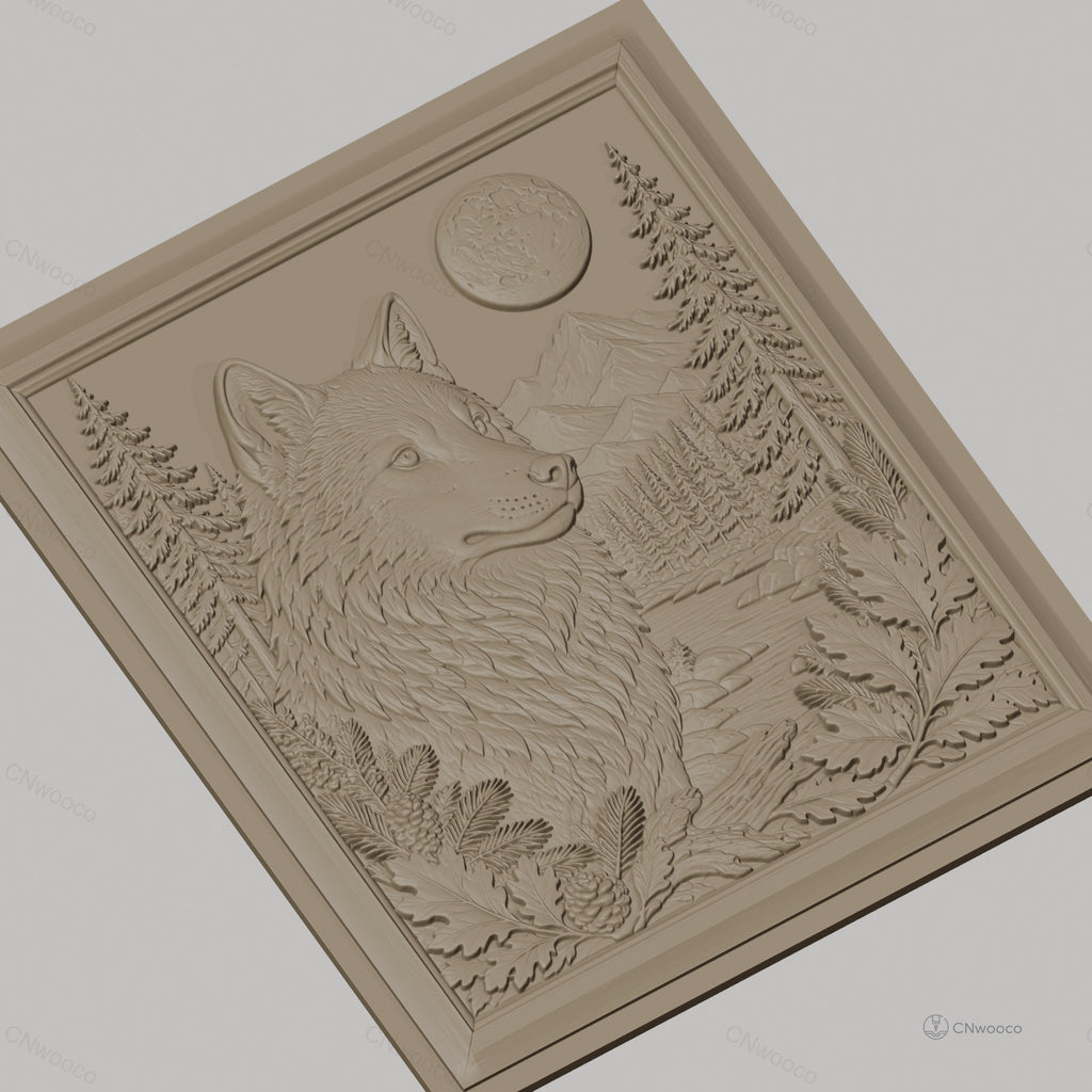 Fichier CNC & impression 3D loup sauvage, paysage nature, montagne, forêt, pleine lune, haute qualité relief STL