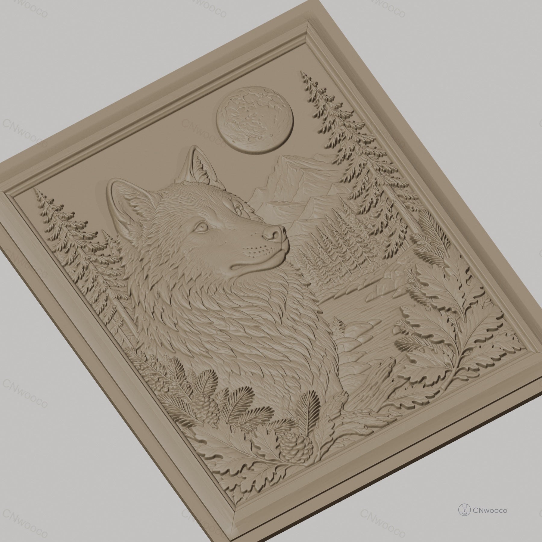 Fichier CNC & impression 3D loup sauvage, paysage nature, montagne, forêt, pleine lune, haute qualité relief STL