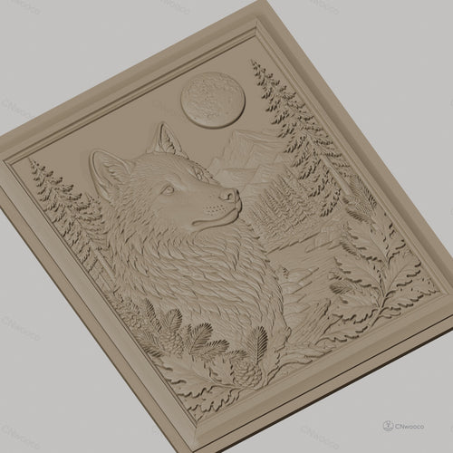Fichier CNC & impression 3D loup sauvage, paysage nature, montagne, forêt, pleine lune, haute qualité relief STL