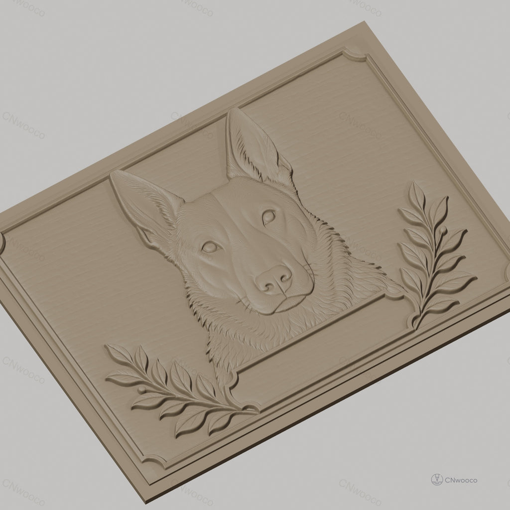 Fichier CNC & impression 3D chien berger, tête en relief avec branches décoratives, haute qualité relief STL