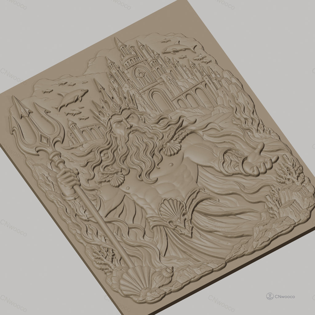 Fichier CNC & impression 3D Poseidon dieu de la mer, trident, dauphins, château sous-marin, haute qualité relief STL