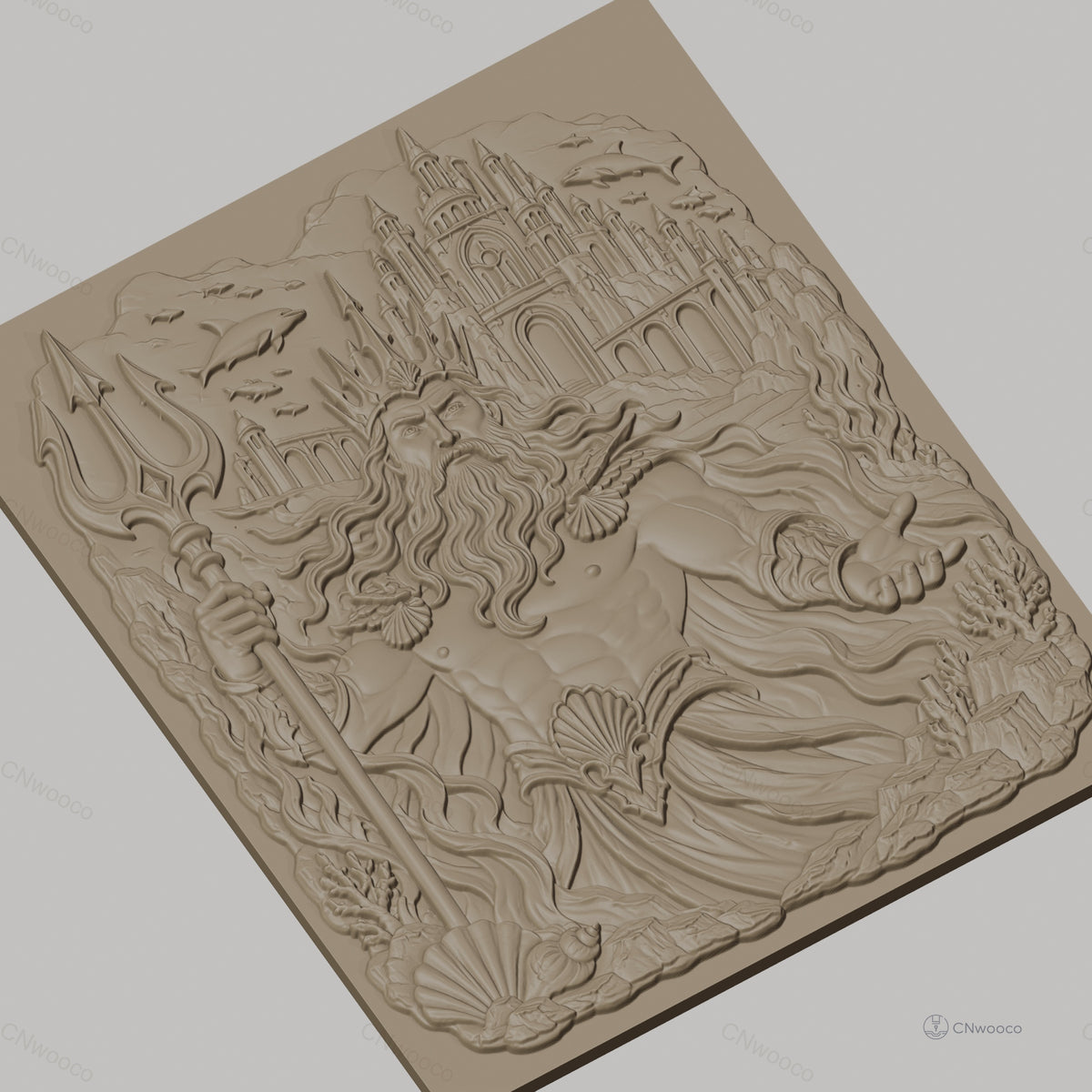 Fichier CNC & impression 3D Poseidon dieu de la mer, trident, dauphins, château sous-marin, haute qualité relief STL