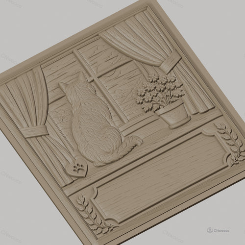 Fichier CNC & impression 3D chat sur rebord de fenêtre, fleurs en pot, paysage montagneux, haute qualité relief STL