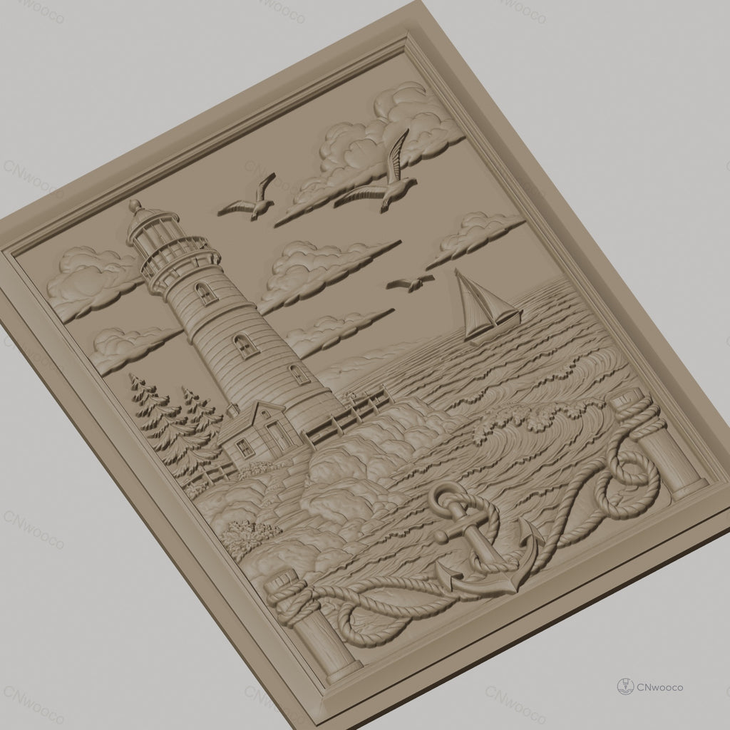 Fichier CNC & impression 3D scène marine, phare, bateau à voile, ancre, relief côtier haute qualité relief STL