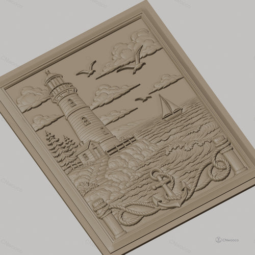 Fichier CNC & impression 3D scène marine, phare, bateau à voile, ancre, relief côtier haute qualité relief STL