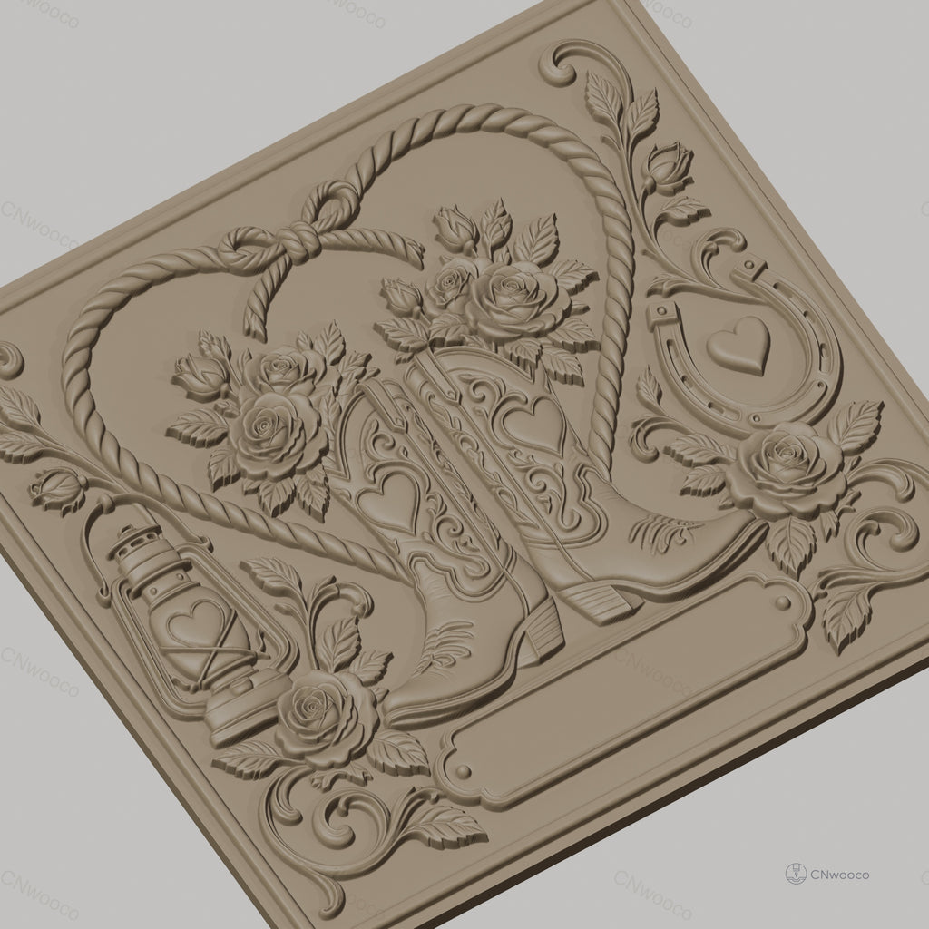 Fichier CNC & impression 3D thème western, bottes de cow-boy, roses, lanterne et fer à cheval, haute qualité relief STL
