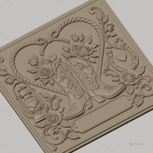 Fichier CNC & impression 3D thème western, bottes de cow-boy, roses, lanterne et fer à cheval, haute qualité relief STL