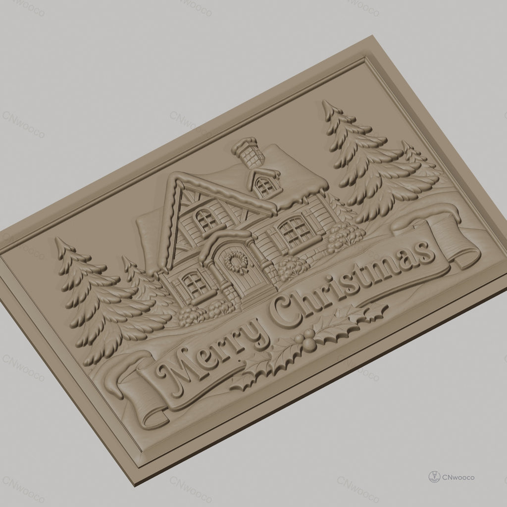 Fichier CNC & impression 3D chalet de Noël, sapins et bannière Merry Christmas, haute qualité relief STL