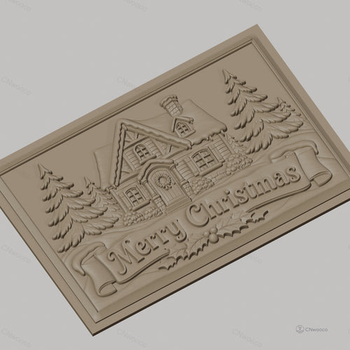 Fichier CNC & impression 3D chalet de Noël, sapins et bannière Merry Christmas, haute qualité relief STL