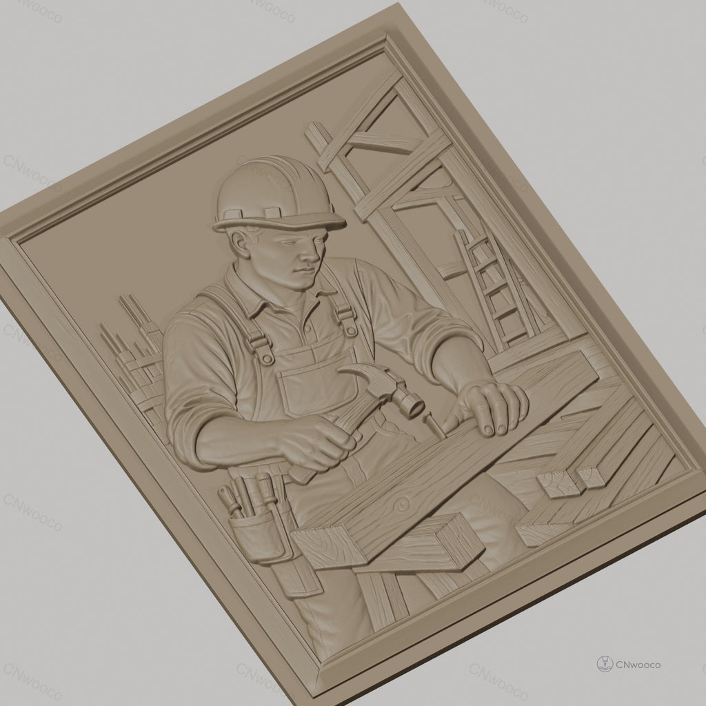 Fichier CNC & impression 3D charpentier au travail, marteau et bois, haute qualité relief STL