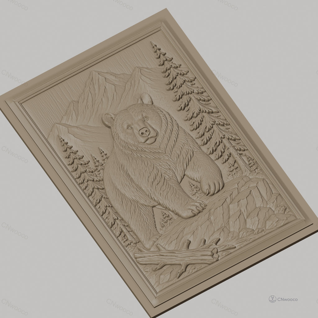 Fichier CNC & impression 3D Ours dans paysage montagneux avec arbres et rochers, haute qualité relief STL