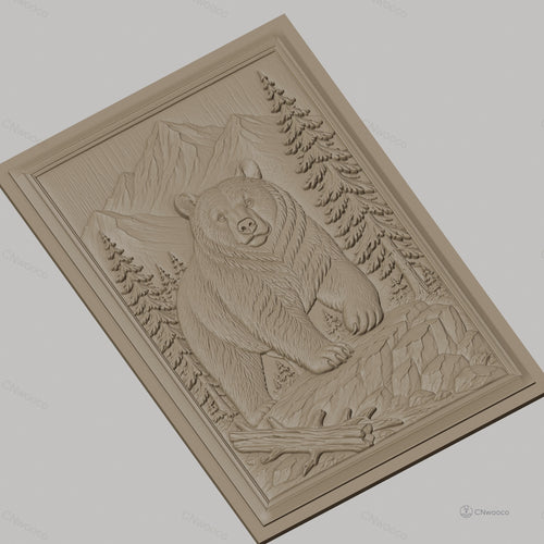 Fichier CNC & impression 3D Ours dans paysage montagneux avec arbres et rochers, haute qualité relief STL