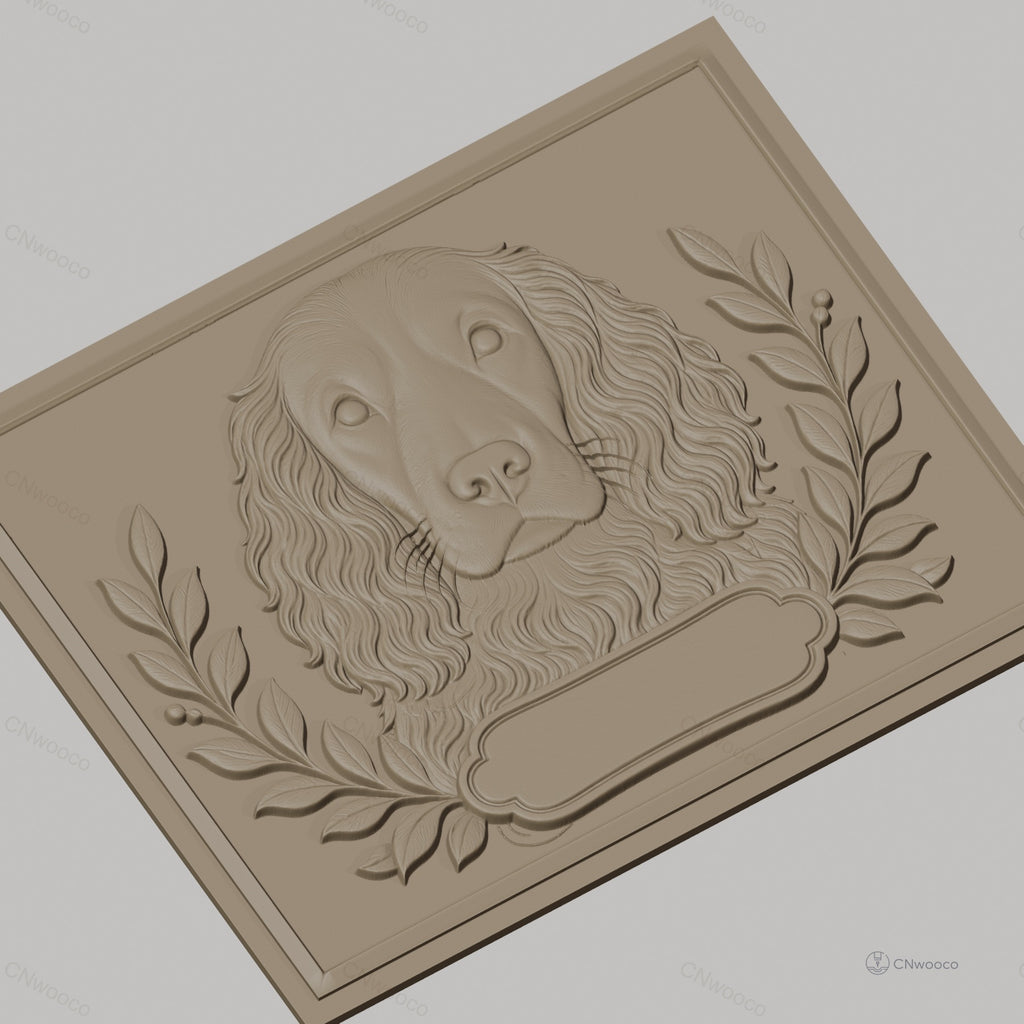 Fichier CNC & impression 3D chien épagneul avec feuilles décoratives, haute qualité relief STL