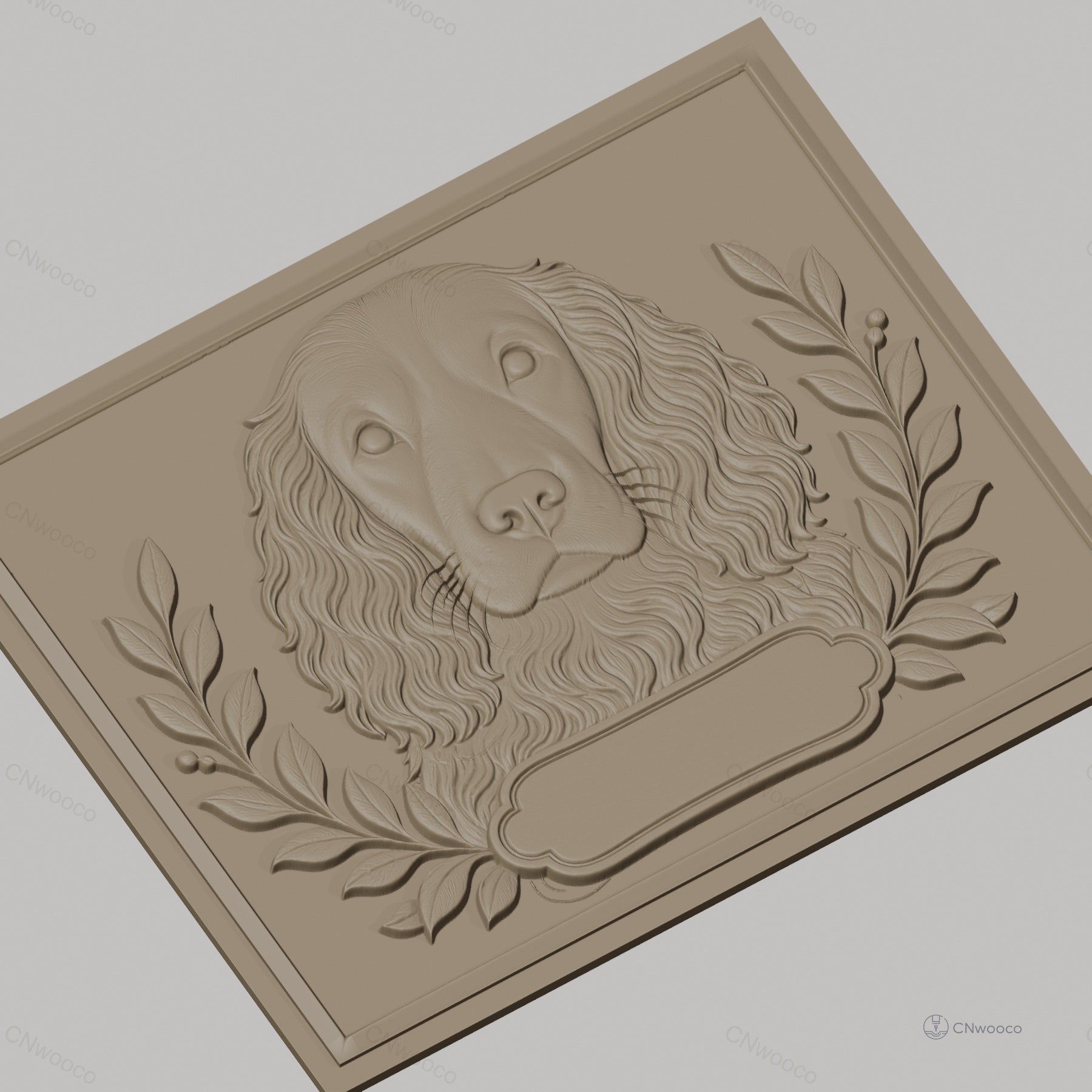 Fichier CNC & impression 3D chien épagneul avec feuilles décoratives, haute qualité relief STL