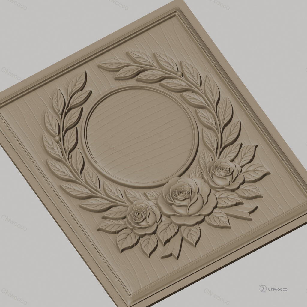 Fichier CNC & impression 3D couronne de laurier et roses, cadre circulaire décoratif, haute qualité relief STL