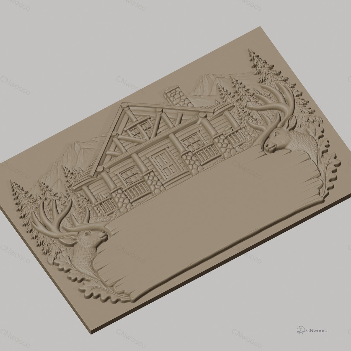 Fichier CNC & impression 3D chalet en bois, têtes de cerf, sapins, montagnes, haute qualité relief STL