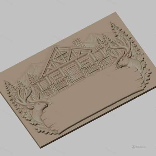 Fichier CNC & impression 3D chalet en bois, têtes de cerf, sapins, montagnes, haute qualité relief STL