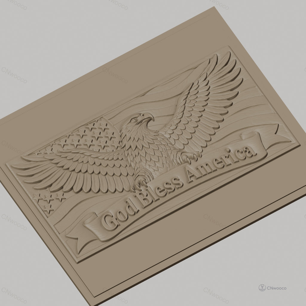 Fichier CNC & impression 3D Aigle américain, drapeau avec étoiles et texte God Bless America, haute qualité relief STL
