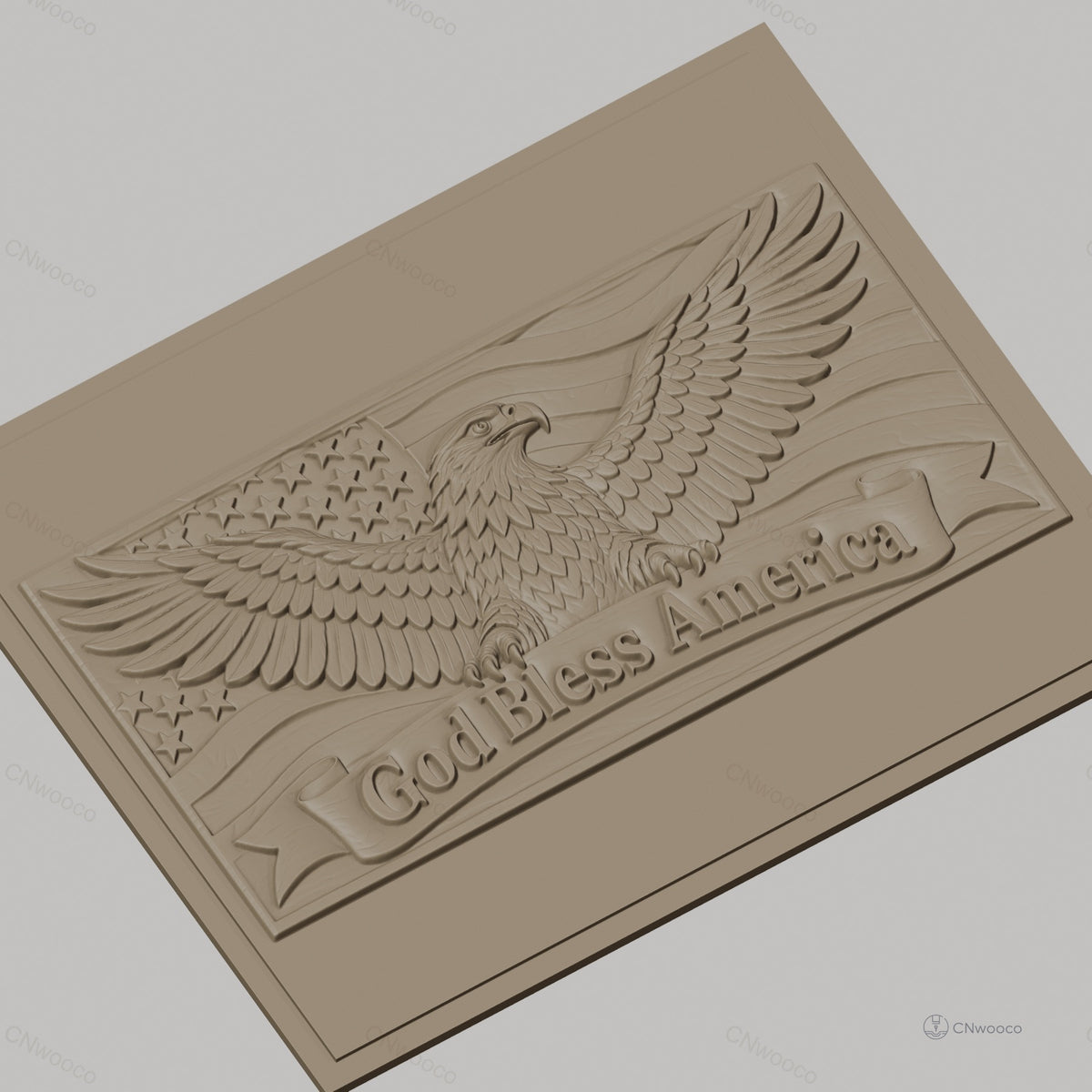 Fichier CNC & impression 3D Aigle américain, drapeau avec étoiles et texte God Bless America, haute qualité relief STL