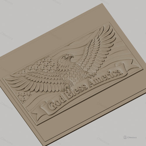 Fichier CNC & impression 3D Aigle américain, drapeau avec étoiles et texte God Bless America, haute qualité relief STL