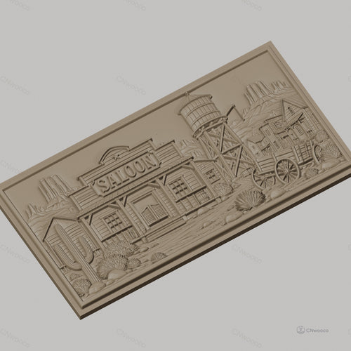 Fichier CNC & impression 3D western village saloon chariot cactus haute qualité relief STL
