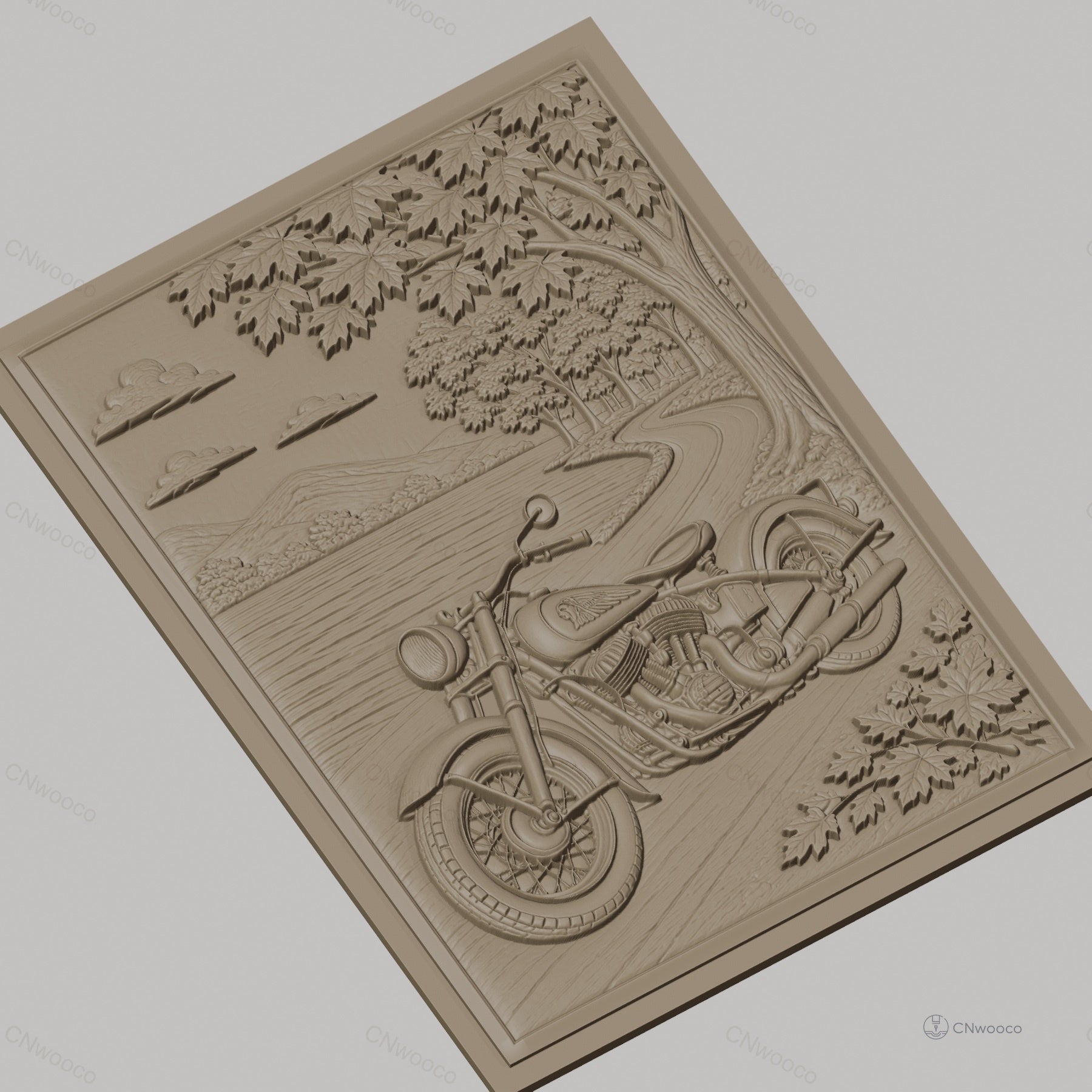 Fichier CNC & impression 3D moto vintage, chemin forestier et lac, haute qualité relief STL