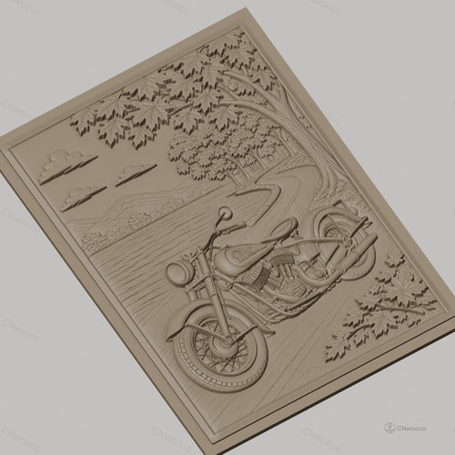 Fichier CNC & impression 3D moto vintage, chemin forestier et lac, haute qualité relief STL