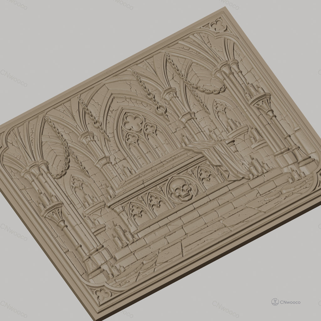 Fichier CNC & impression 3D tombeau gothique avec crâne, bougies et drap, haute qualité relief STL