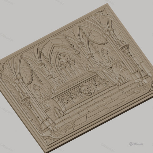 Fichier CNC & impression 3D tombeau gothique avec crâne, bougies et drap, haute qualité relief STL