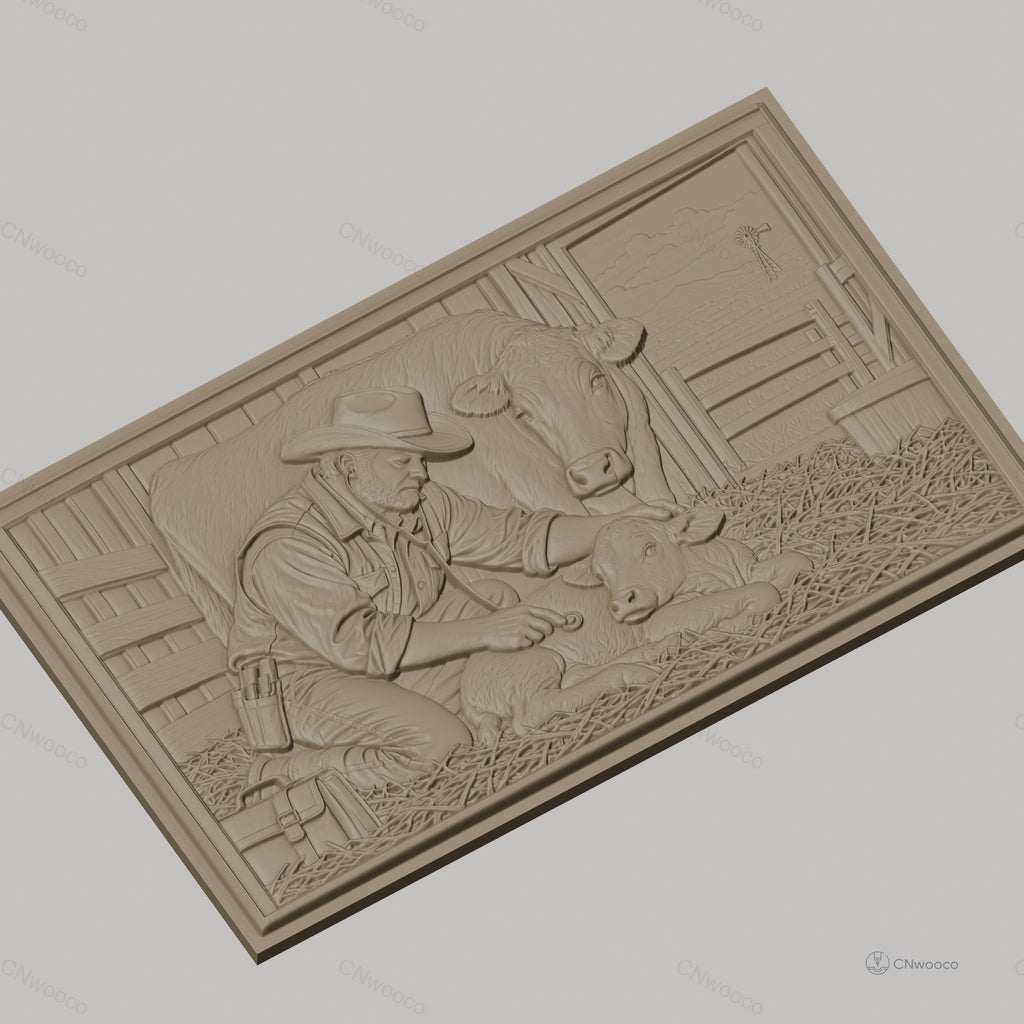 Fichier CNC & impression 3D vétérinaire et vaches, fermier médecin avec veau dans grange, haute qualité relief STL