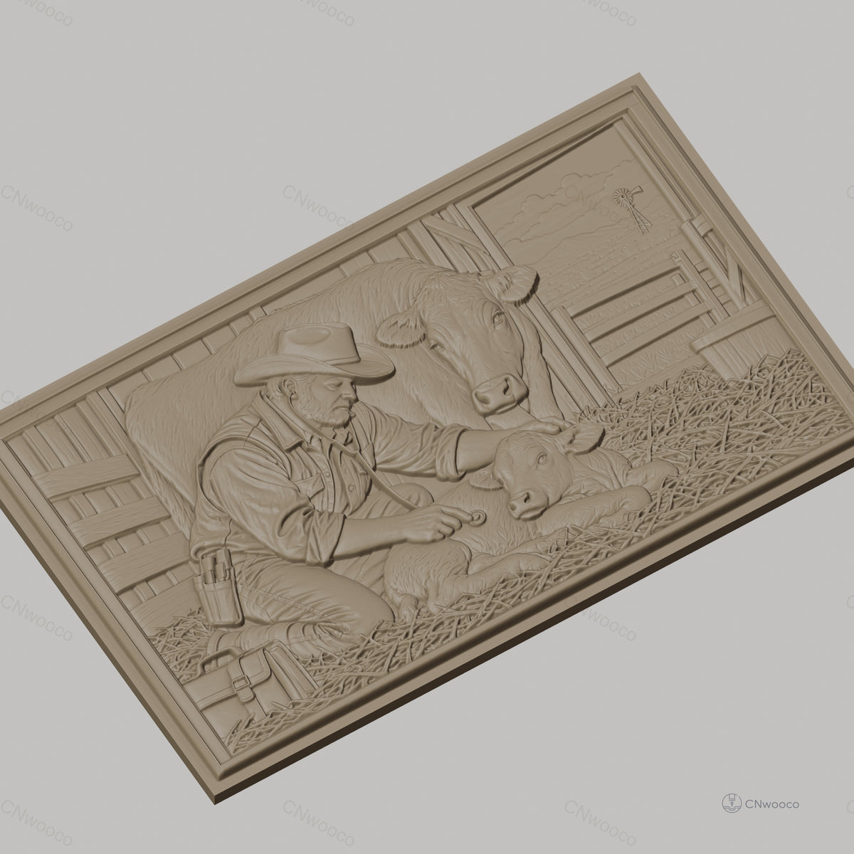 Fichier CNC & impression 3D vétérinaire et vaches, fermier médecin avec veau dans grange, haute qualité relief STL