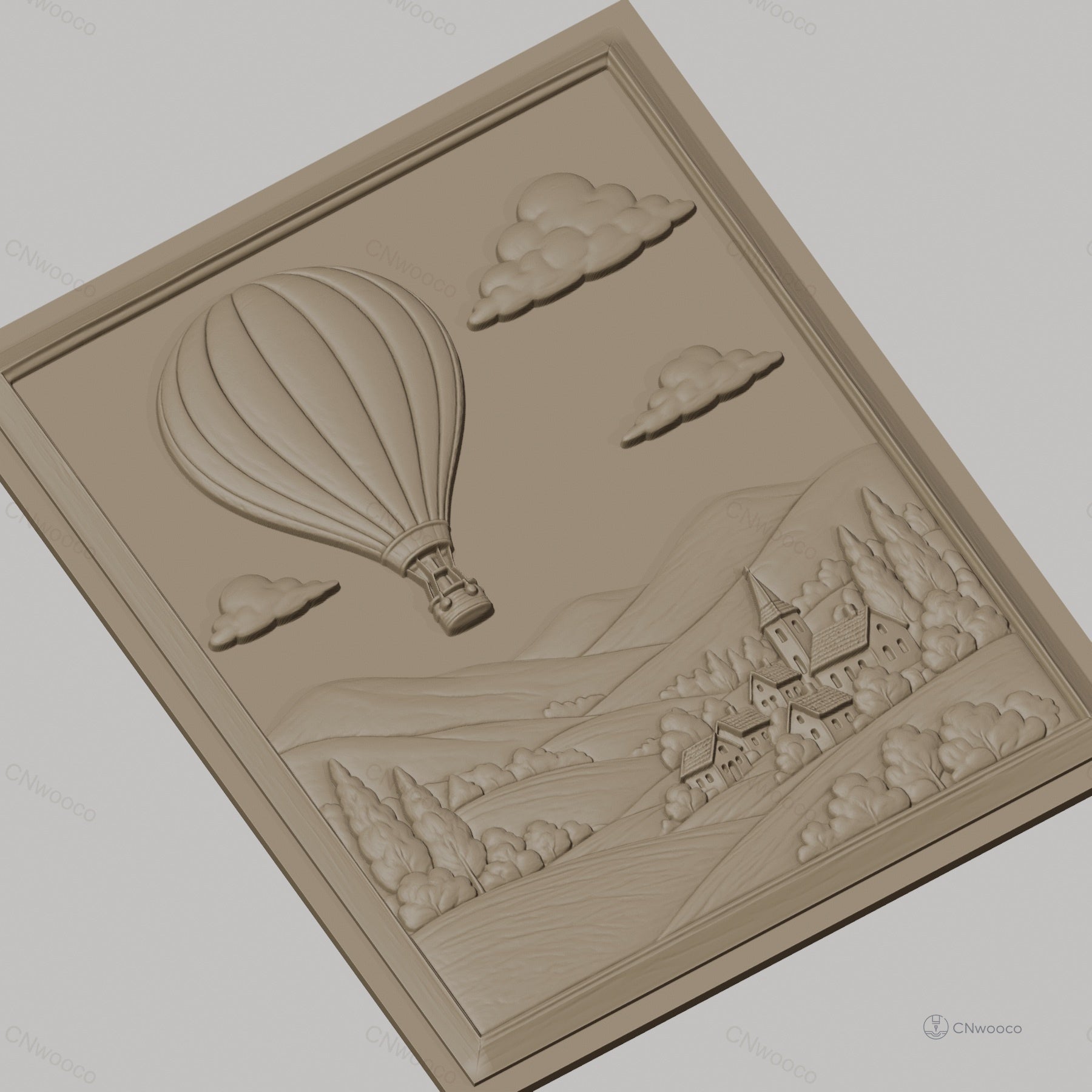 Fichier CNC & impression 3D montgolfière, village, collines, nuages, haute qualité relief STL