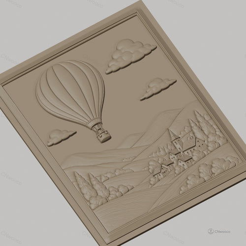 Fichier CNC & impression 3D montgolfière, village, collines, nuages, haute qualité relief STL