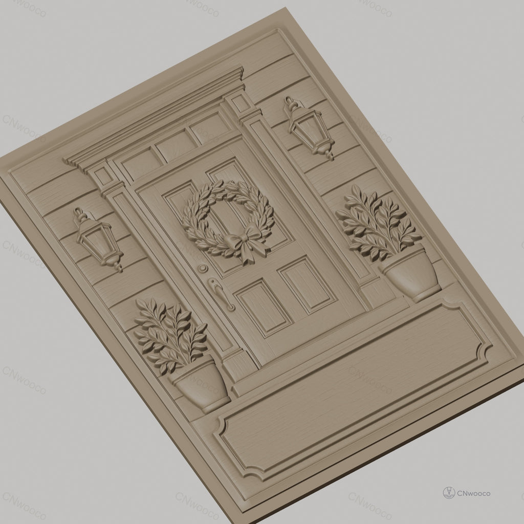 Fichier CNC & impression 3D porte d'entrée avec couronne de feuilles et pots de fleurs, haute qualité relief STL