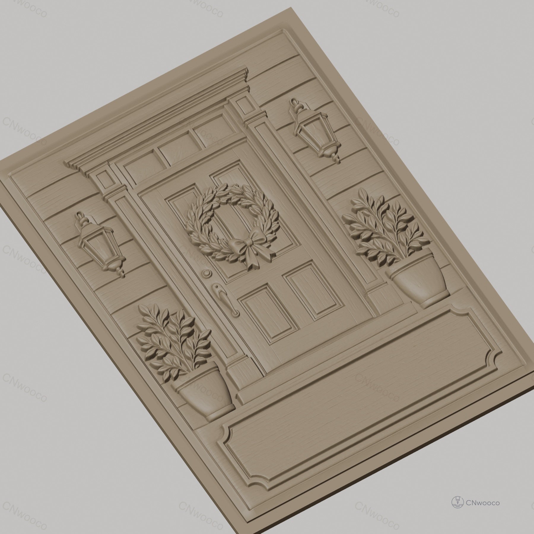 Fichier CNC & impression 3D porte d'entrée avec couronne de feuilles et pots de fleurs, haute qualité relief STL