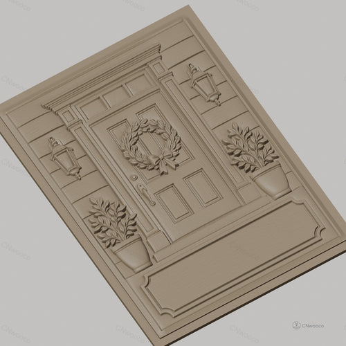 Fichier CNC & impression 3D porte d'entrée avec couronne de feuilles et pots de fleurs, haute qualité relief STL