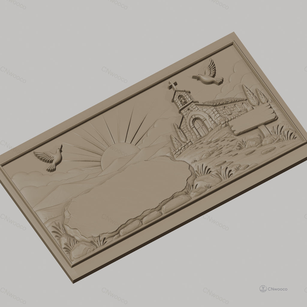 Fichier CNC & impression 3D paysage religieux avec chapelle, colombes, soleil levant, chemin de pierre, haute qualité relief STL