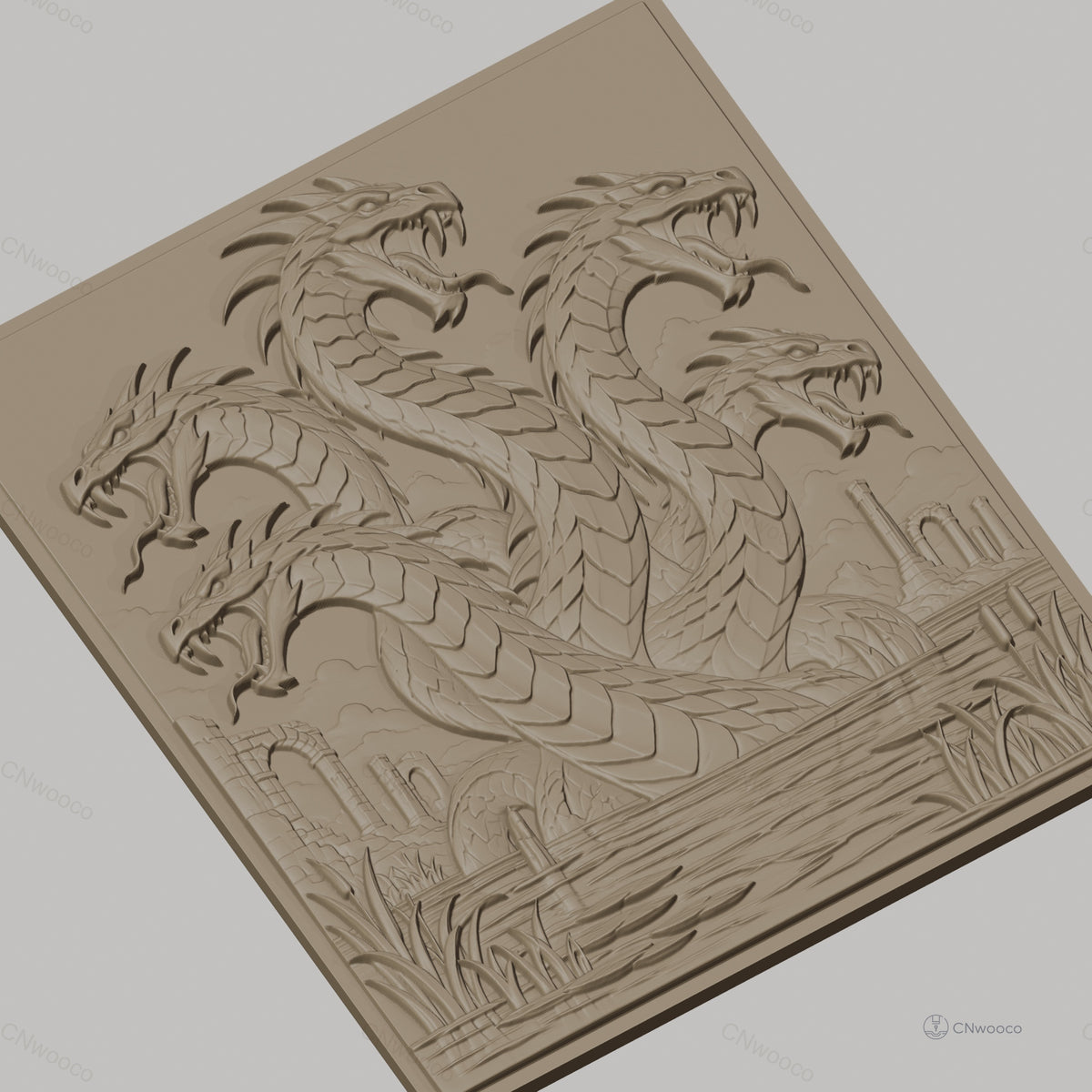 Fichier CNC & impression 3D hydre à six têtes, ruines antiques et étang, haute qualité relief STL